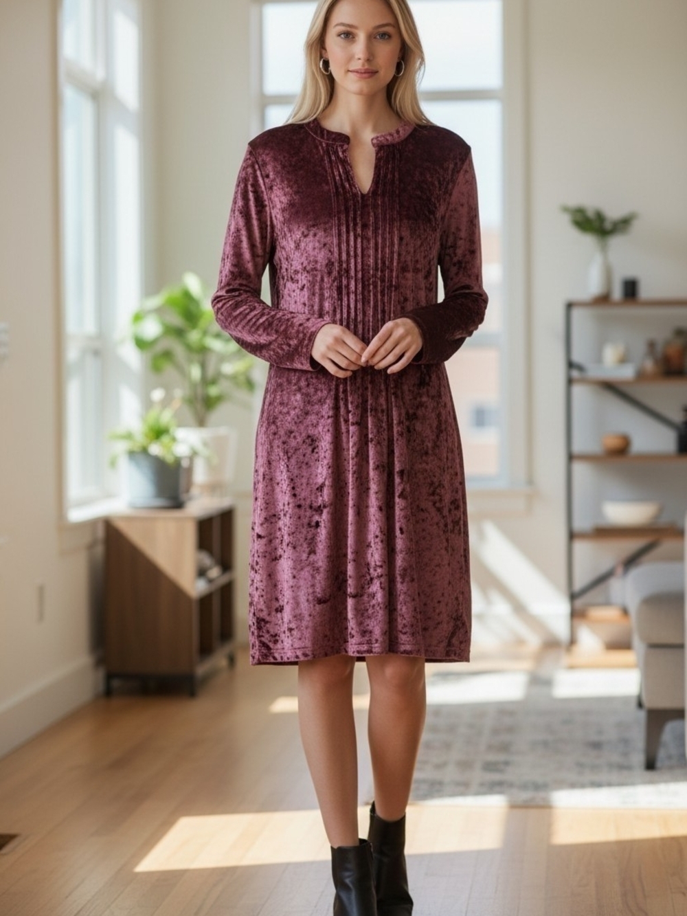 Universal Crushed Velvet Pintuck Midi Dress in Plum